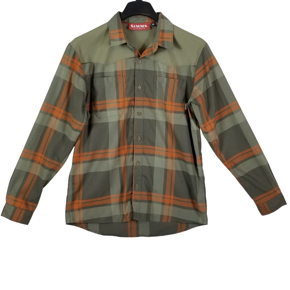 Simms Fishing Button Up Shirt Men M Green Orange Plaid Western Yoke Long Sleeve